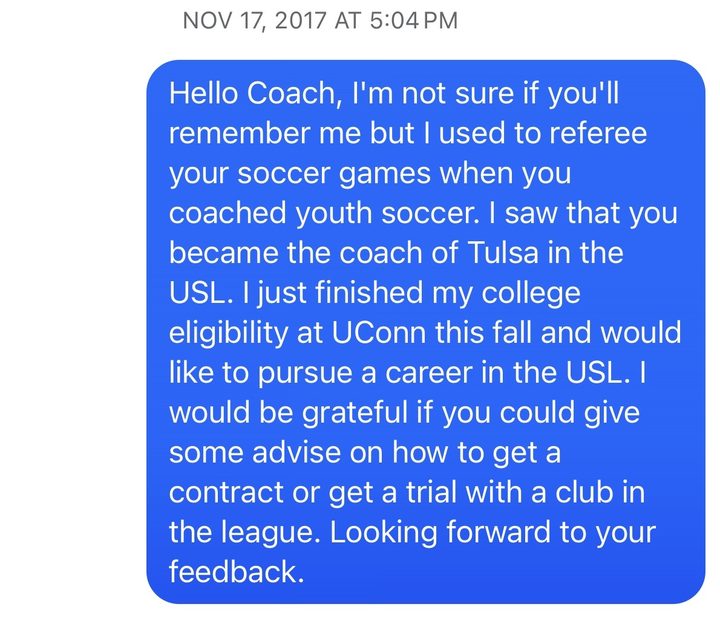 A Messenger message from David to a coach that begins: Hello Coach, I'm not sure if you'll remember me but I used to referee your soccer games when you coached youth soccer.
